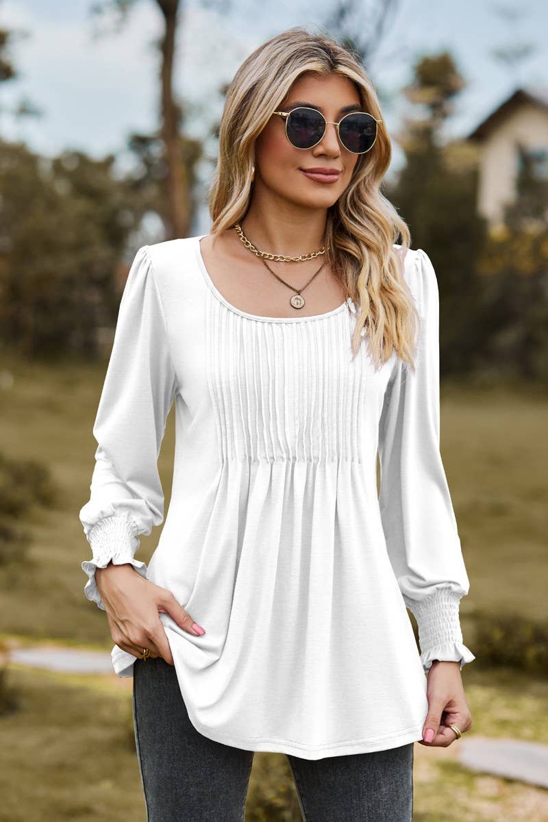 CWTBLL3687_NEW AUTUMN SOLID COLOR ROUND NECK DRAW CUFFS TOP