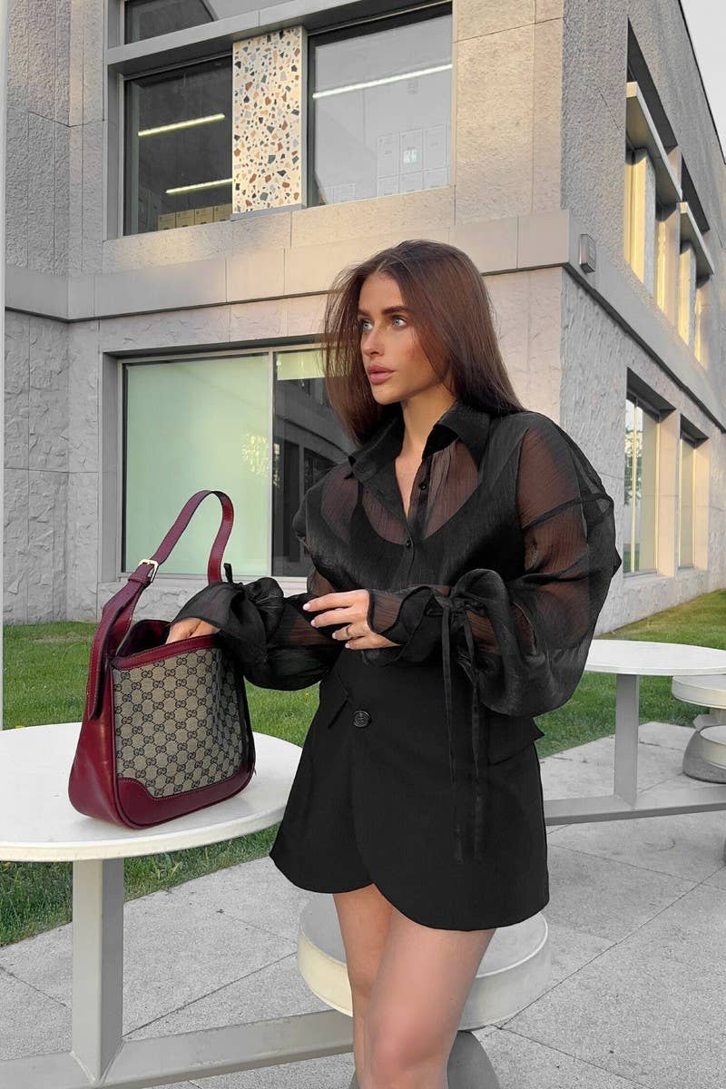 CWTSTL2580_LAPEL PUFF SLEEVE COMMUTER SEE-THROUGH SHIRT