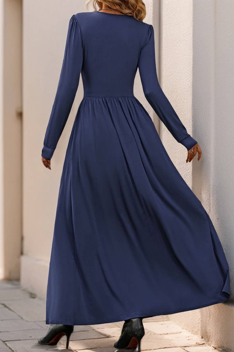 CWDMD3564_V-NECK SOLID COLOR SLIT SLIM MAXI DRESS