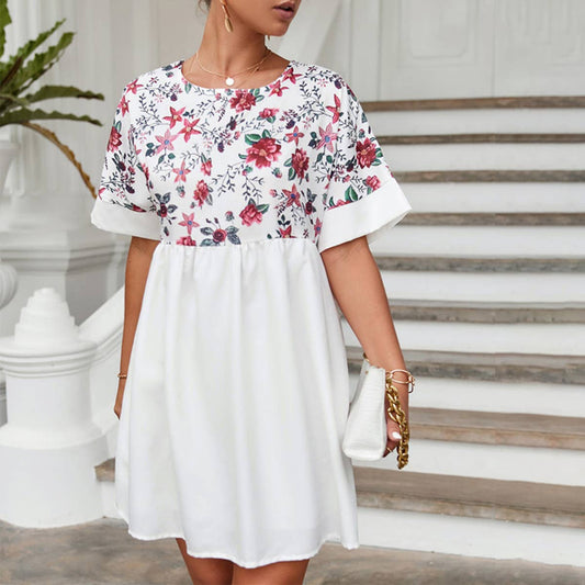 CREW NECK PRINT PATCHWORK LOOSE SHORT DRESS