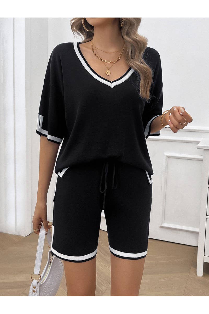 CWSTB0665_CASUAL LOOSE V-NECK SHORT SLEEVED SHORTS KNIT SET