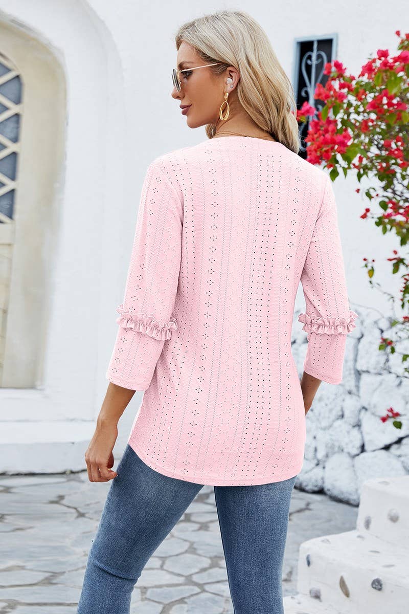 CWTTS0763_3/4 Sleeve Ruffle Detailed V-Neck  Blouse