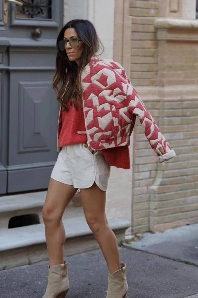 CWOCO1080_LOOSE PRINTED QUILTED ZIP-UP JACKET