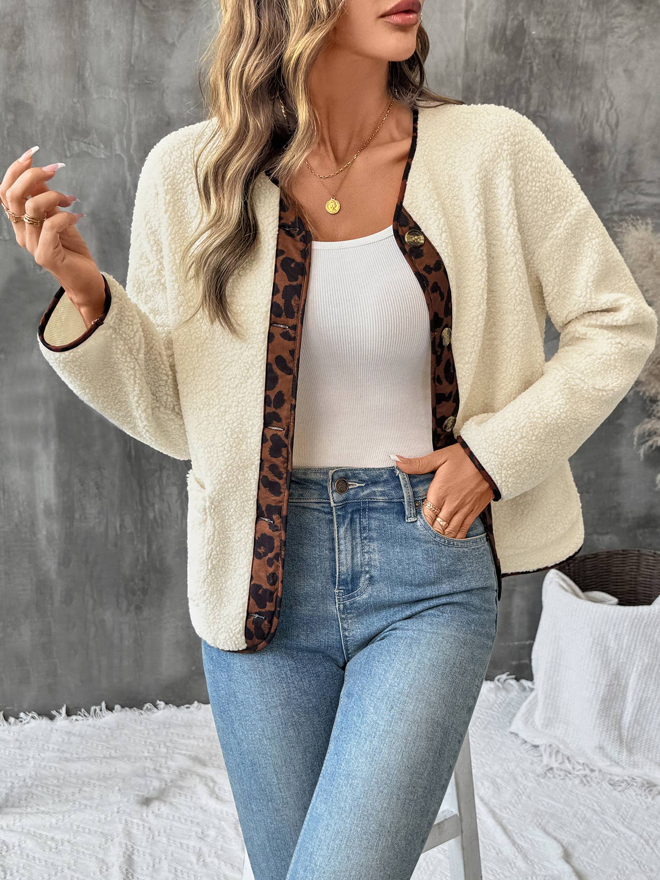 Casual polar fleece leopard print color cardigan