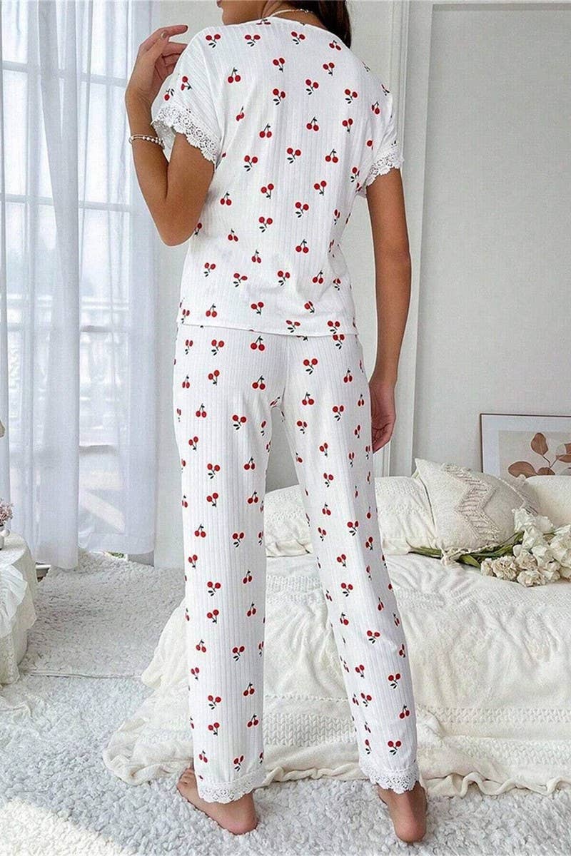 CWSPJ00468_CHERRY PRINT LACE TRIM SHORT SLEEVE PAJAMA SET