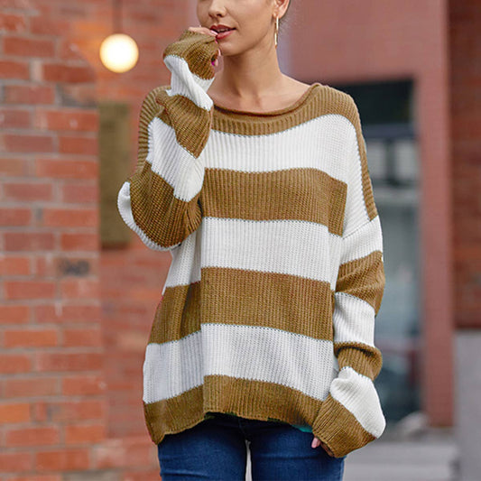 CREW-NECK STRIPED SWEATER WITH ROLLED EDGE - Casual Style