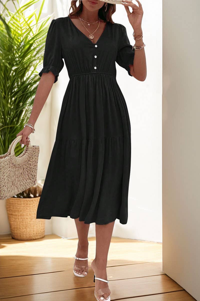 CWDMD5783_CASUAL RUCHED PUFF SLEEVE V-NECK SOLID DRESS