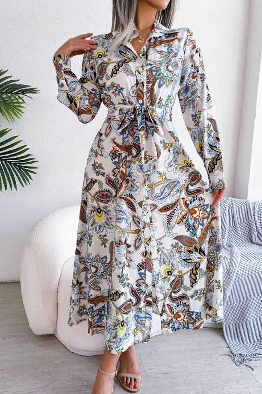 CWDMD2651_VINTAGE FLORAL LAPEL LACE-UP SHIRT LONG DRESS