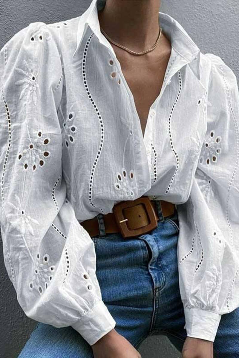 CWTSTL01000_CASUAL LOOSE HOLLOW OUT PUFF SLEEVE  TOP