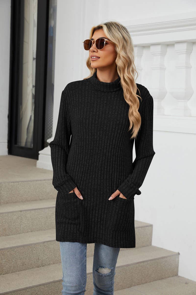 CWTBLL1856_HIGH NECK BRUSHED SOLID LONG SLEEVE POCKET TOP