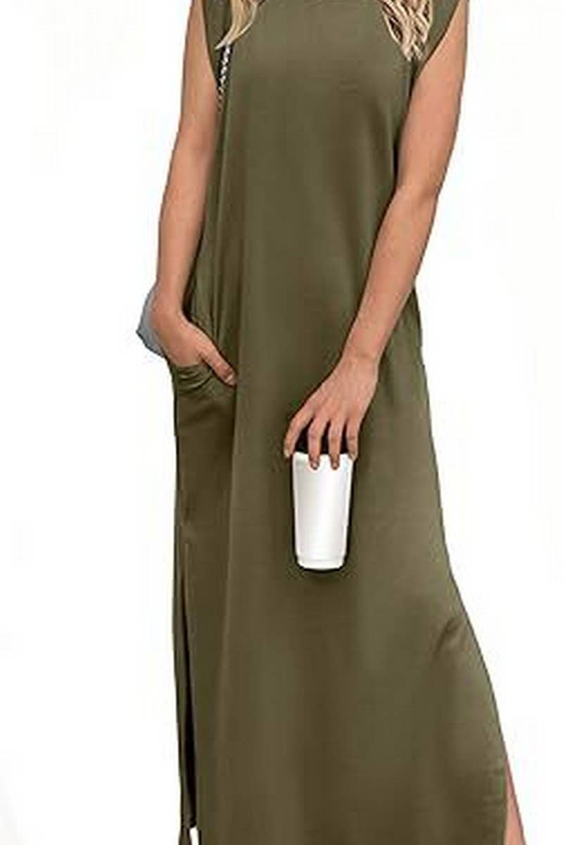 CWDMD5904_SLEEVELESS SPLIT HEM POCKET MAXI BEACH DRESS