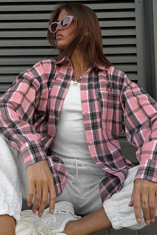 CWTBLL00629_PINK GIRLISH PLAID LOOSE LONG-SLEEVED SHIRT