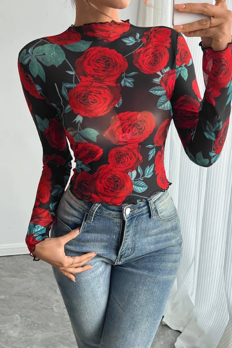 CWTBLL3910_SHEER ROSE FLORAL PRINT LONG SLEEVE MESH TOP