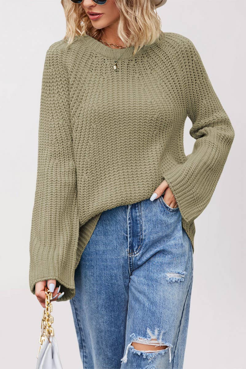 CWOSWL6853_ROUND NECK TRUMPET SLEEVE SOLID COLOR SWEATER