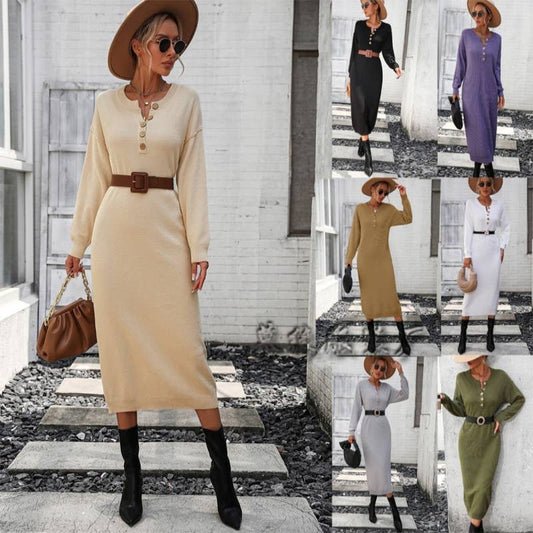 CWDMD538  Long Sleeve Loose V-Neck Button Tops Long Sweater