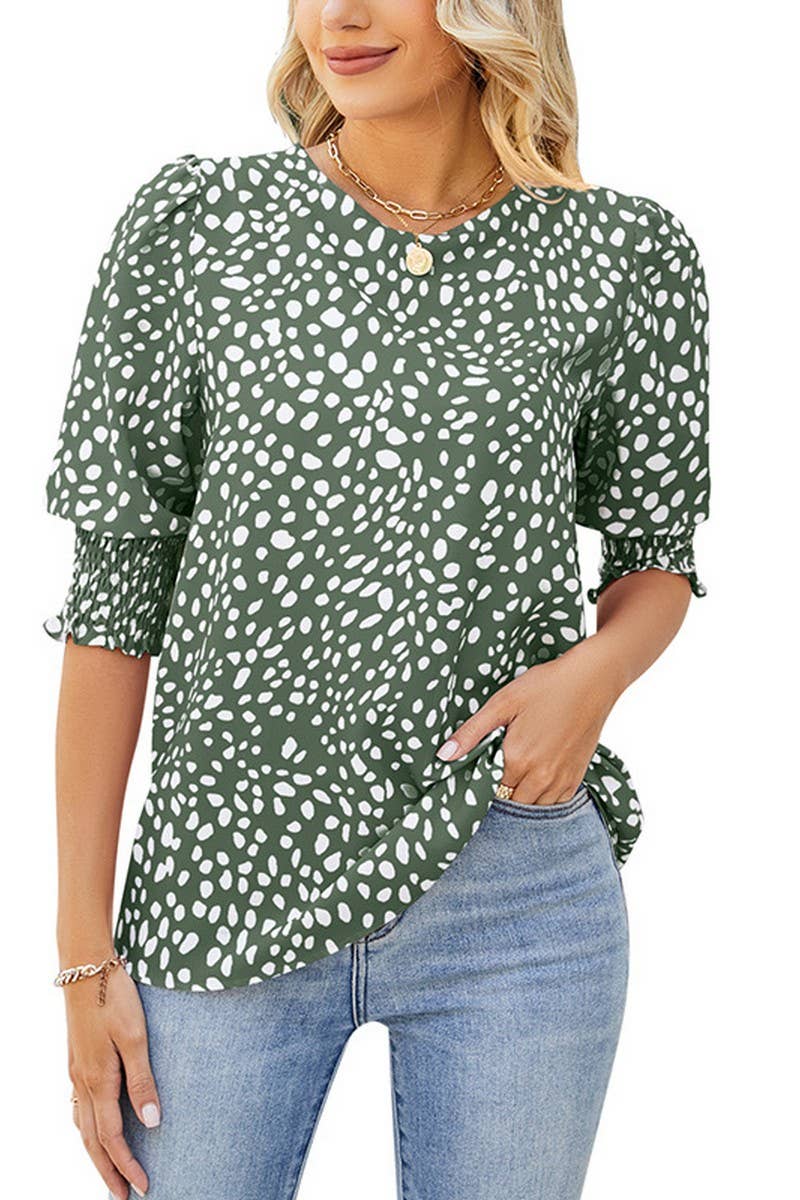 CWTBLS1600_ROUND NECK PRINTED SHORT-SLEEVED CHIFFON SHIRT