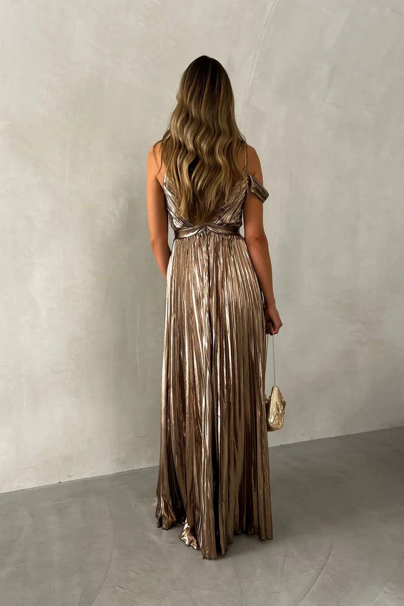 CWDHL0942_V-NECK ELEGANT TEMPERAMENT SEXY WAIST HALTER DRESS