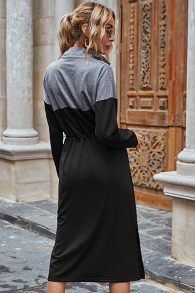CWDMD4062_STAND COLLAR ZIPPER DRAWSTRING SPLIT HOODIE DRESS