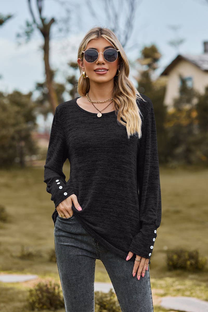 CWTBLL3688_SOLID COLOR ROUND NECK LOOSE CASUAL LONG SLEEVE T