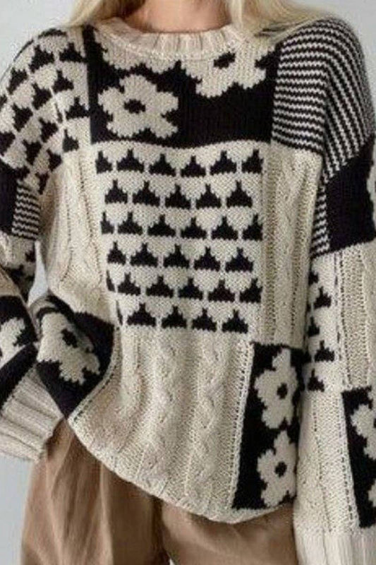 CWOSWL5800_SQUARE FLORAL LOOSE CREW NECK PULLOVER SWEATER