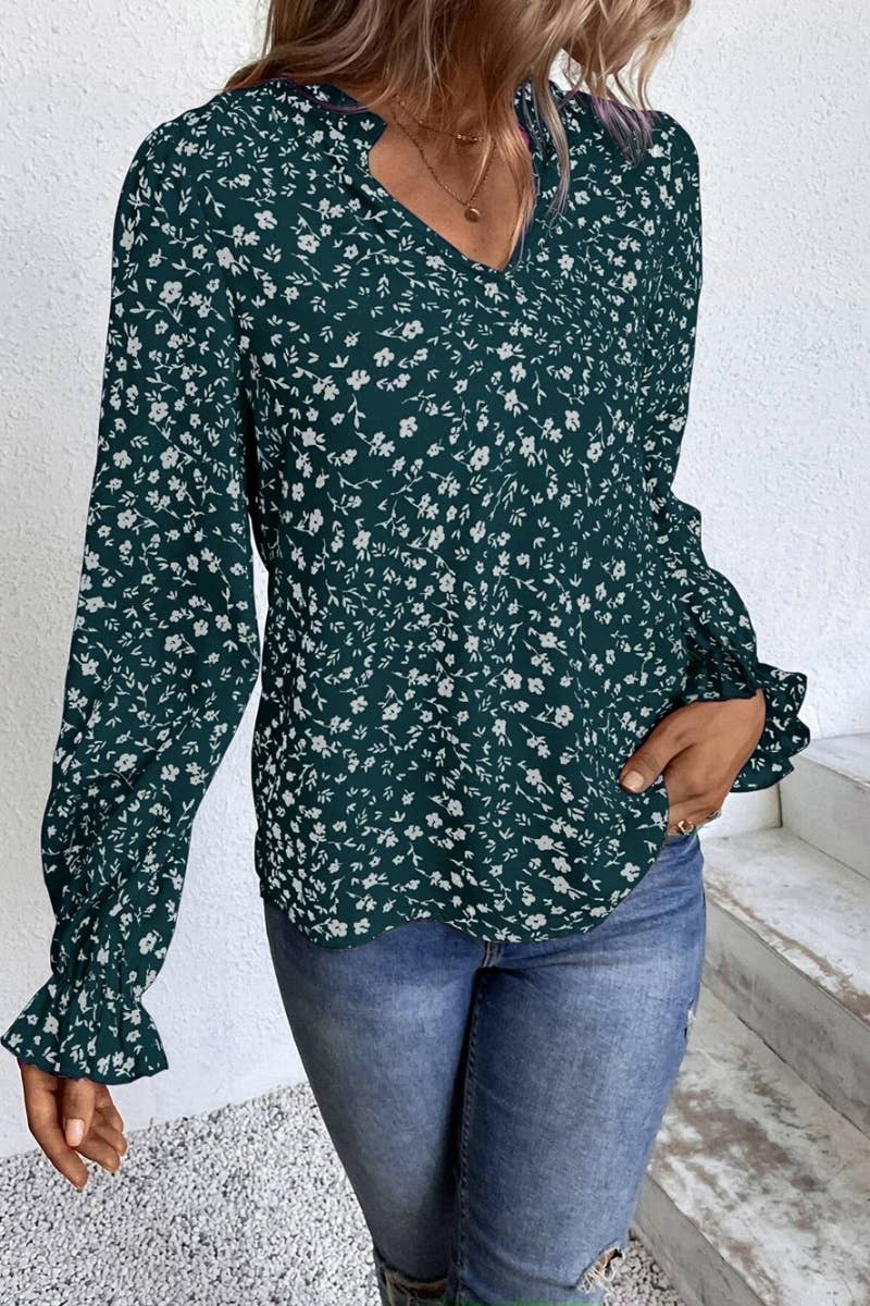 CWTSTL2080_FLORAL V-NECK RUFFLED LONG-SLEEVED SHIRT