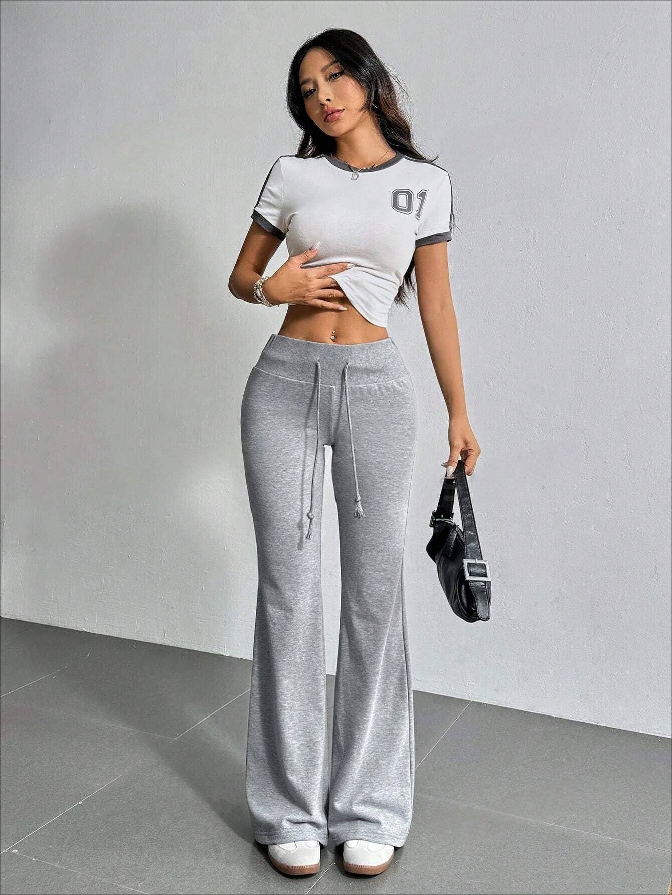 DRAWSTRING HIGH-WAISTED SOLID COLOR BELL BOTTOMS