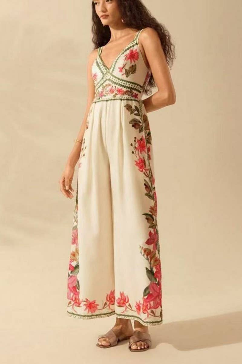 CWSJS1705_V-NECK TRENDY FLORAL CAMI WIDE LEG JUMPSUIT