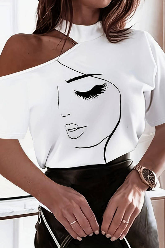 CWTBLS2182_ABSTRACT FACE PRINT COLD SHOULDER MOCK NECK TEE