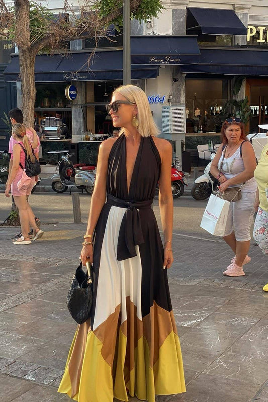 CWDMD6480_COLORBLOCK BACKLESS TIE STRAP MAXI DRESS