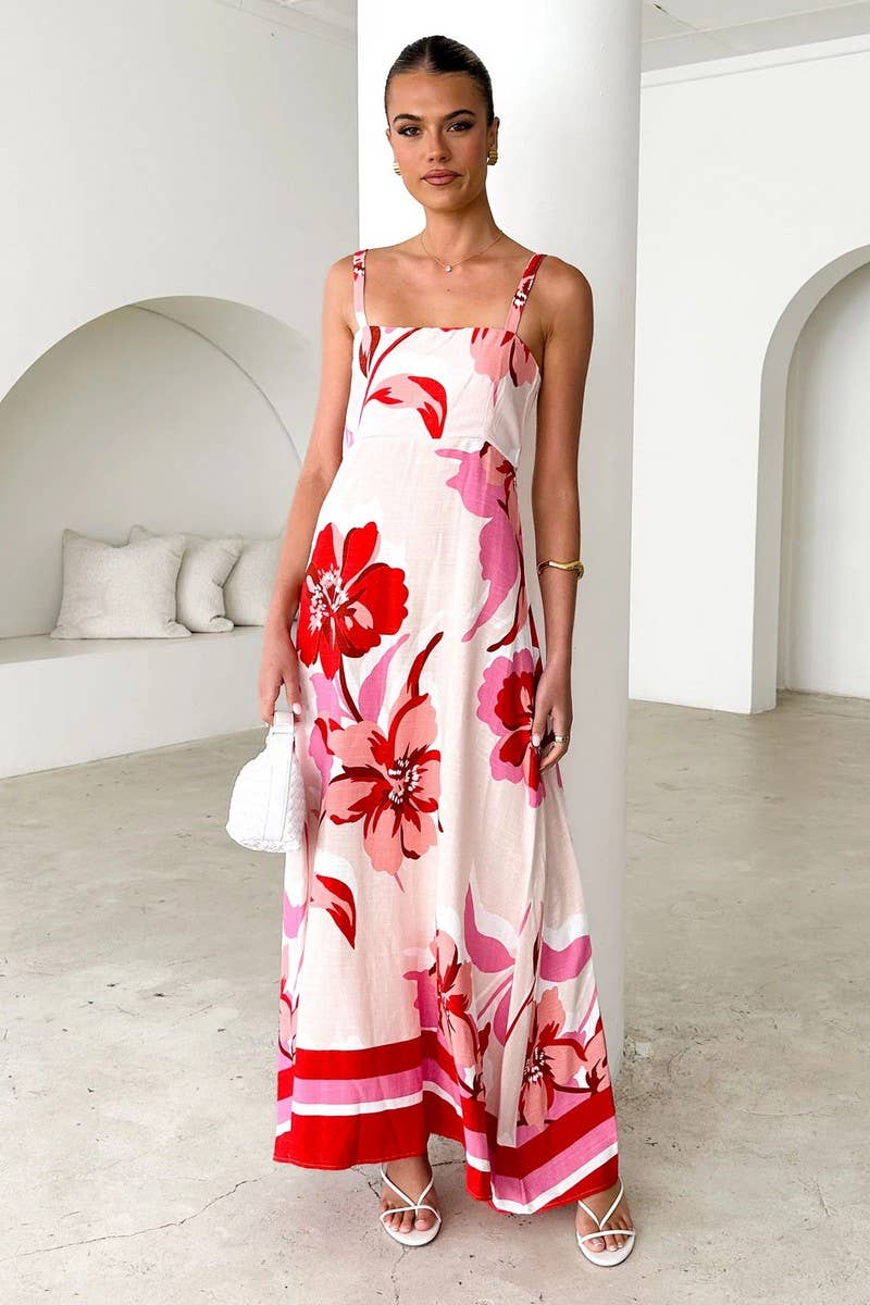 CWDHL1007_NEW SUMMER PRINTED SUSPENDER DRESS