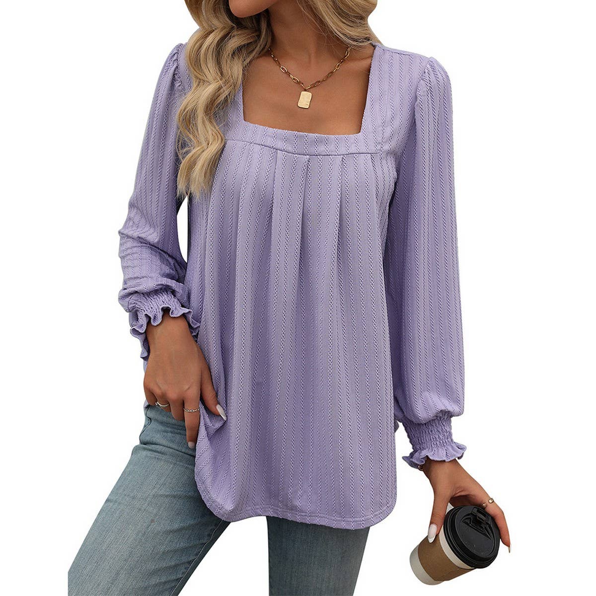 Casual square neck pleated long sleeve T-shirt