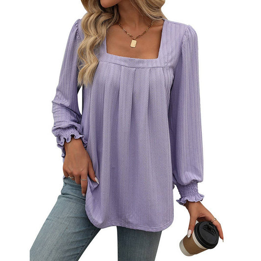 Casual square neck pleated long sleeve T-shirt