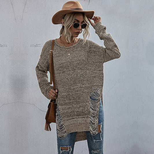 CREW-NECK MID-LENGTH FASHION HOLLOW-OUT SWEATER