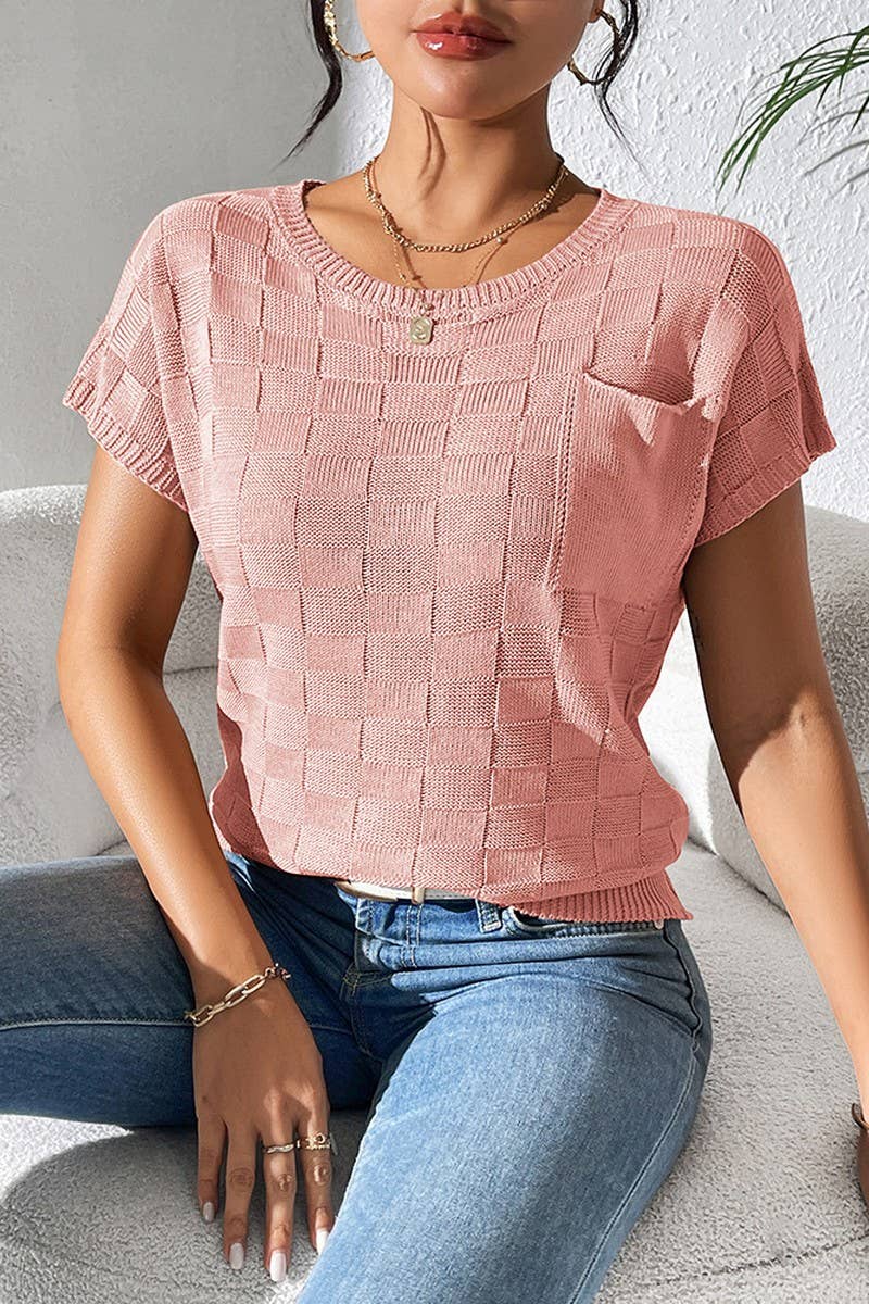 CWOSWS0086_SOLID COLOR LOOSE KNIT SHORT-SLEEVED TOP
