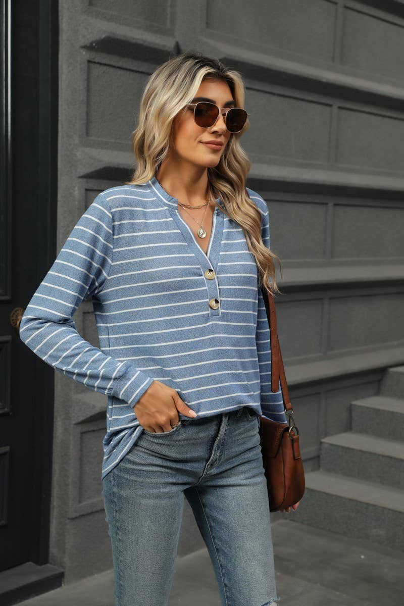 CWTBLL1864_STRIPED BRUSHED BUTTON LONG-SLEEVED T-SHIRT