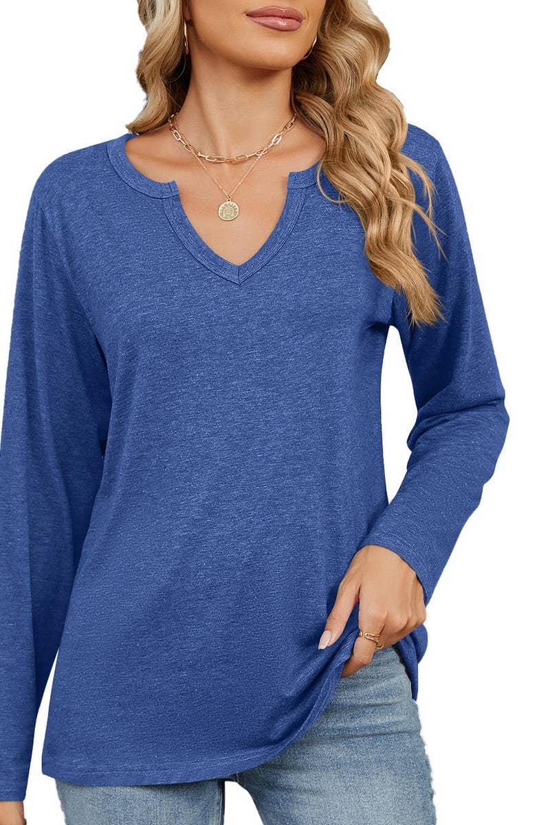 CWTBLL2369_V-NECK SOLID COLOR LOOSE LONG-SLEEVED T-SHIRT