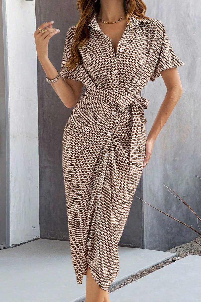 CWDMD6454_V-NECK HIGH WAIST ELEGANT BUTTON-DOWN DRESS