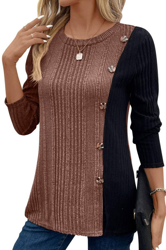 CWTBLL3195_COLORBLOCK CONTRAST BUTTON-DOWN SLIT CASUAL TOP