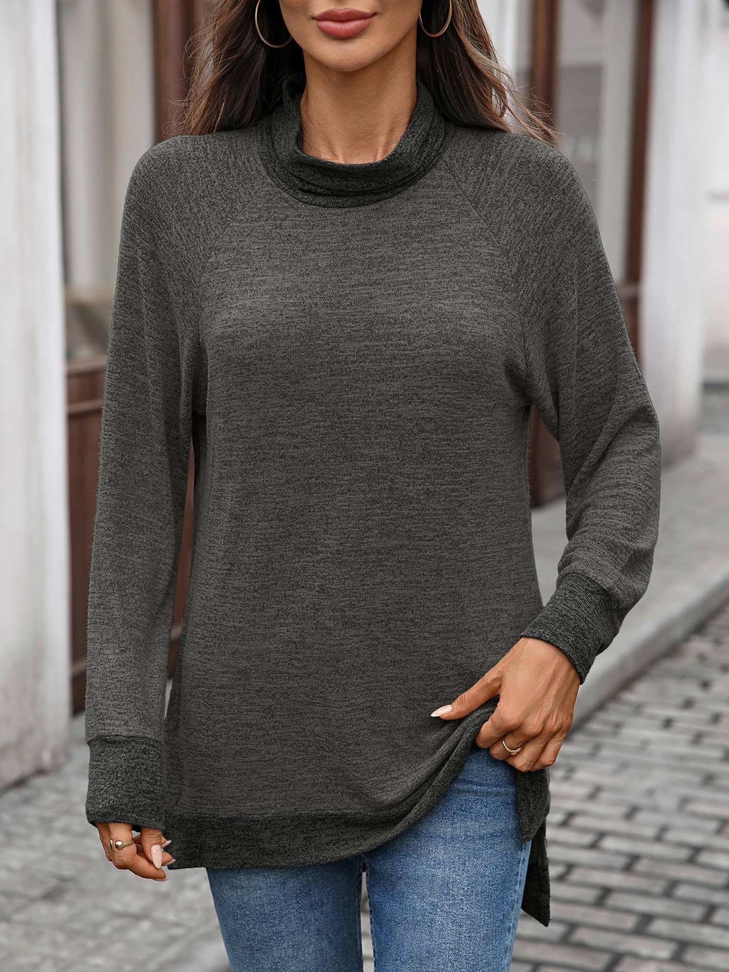 Color-blocking high-neck loose long-sleeved Top