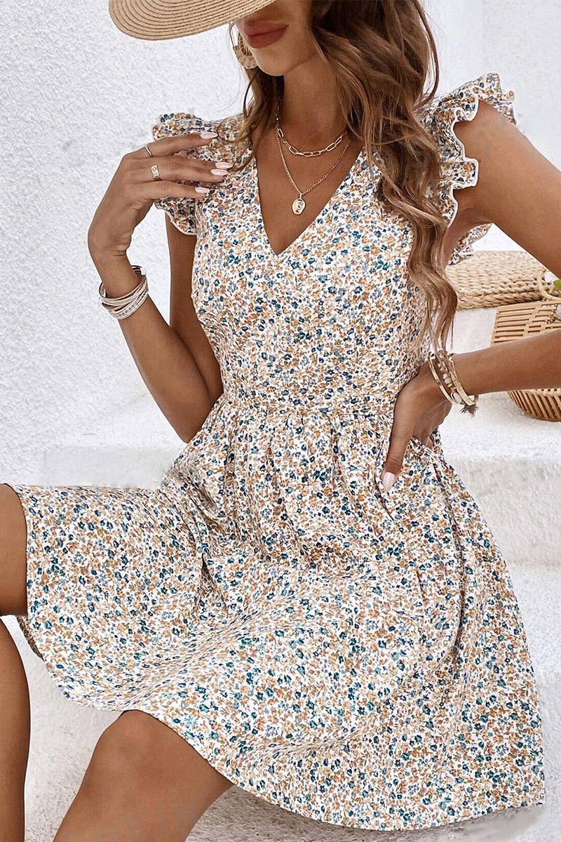 CWDSD8299_V NECK FRENCH FLORAL PRINT RUFFLE DRESS