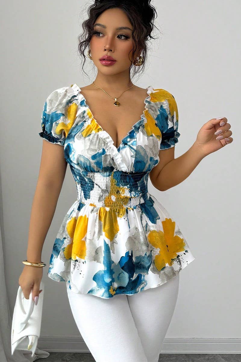 CWTBLS2247_SUMMER V-NECK TIE-DYE SLIM-FIT PULLOVER TOP