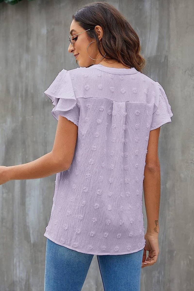 CWTBLS0606_V-NECK RUFFLED SLEEVE CHIFFON SHORT-SLEEVED TOP