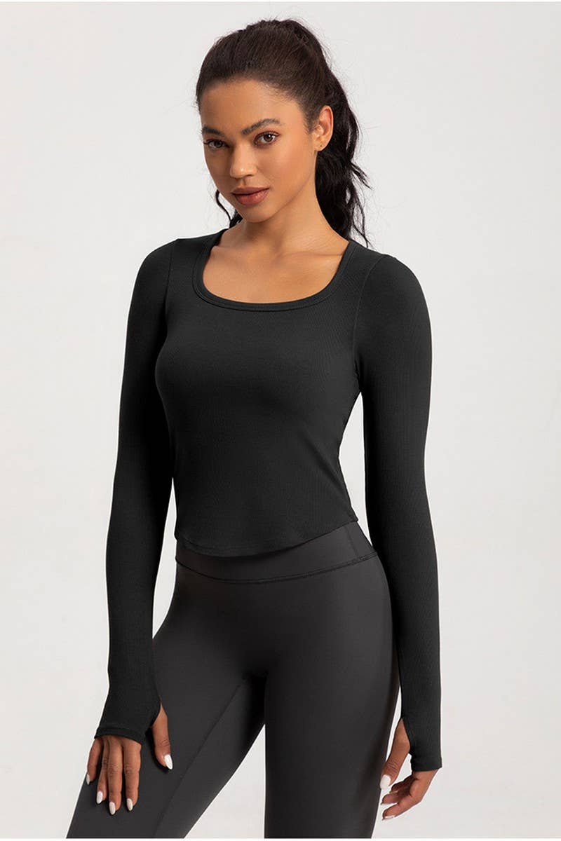 CWTBLL2940_SQUARE NECK TIGHT LONG SLEEVE PADDED FITNESS TOP
