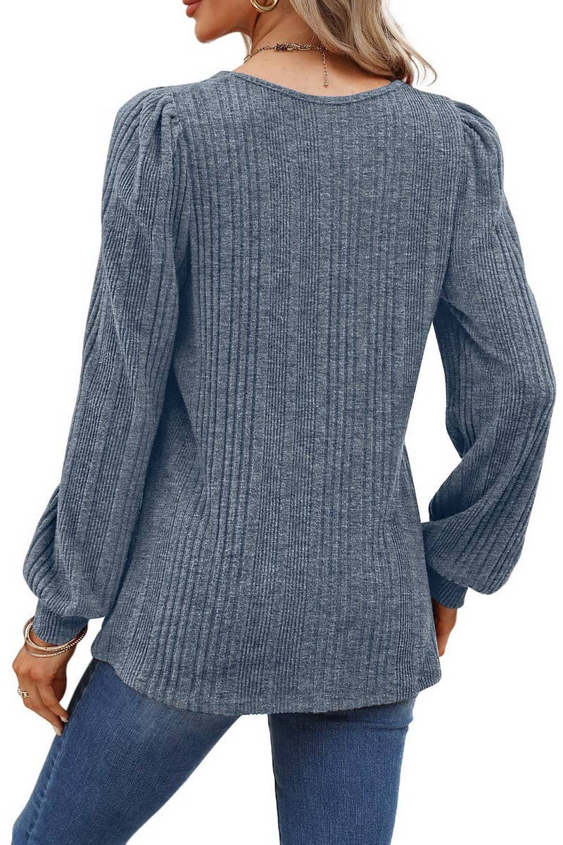 CWTBLL01084_RIBBED SQUARE NECK CASUAL LONG SLEEVE TOP