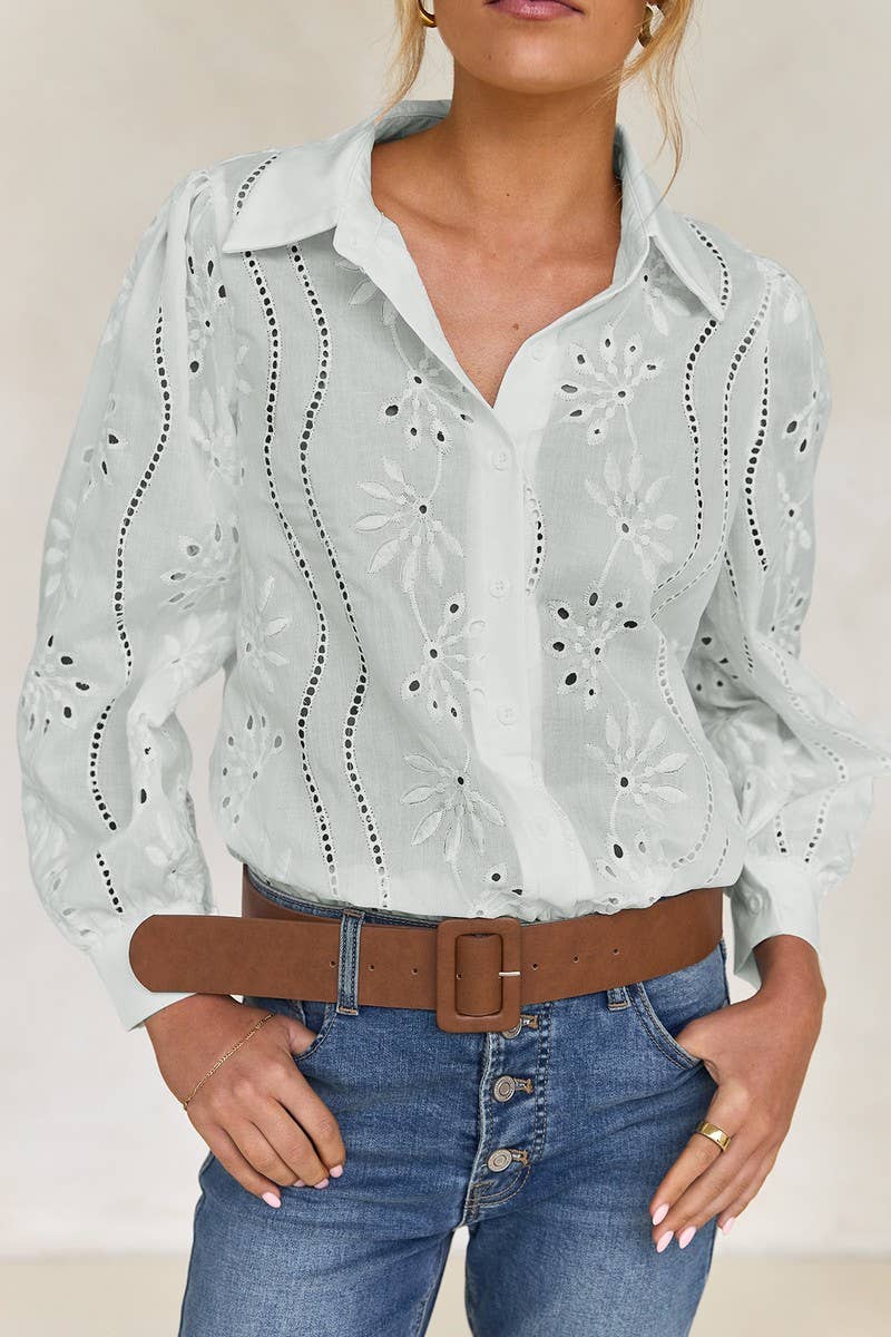 CWTSTL01000_CASUAL LOOSE HOLLOW OUT PUFF SLEEVE  TOP