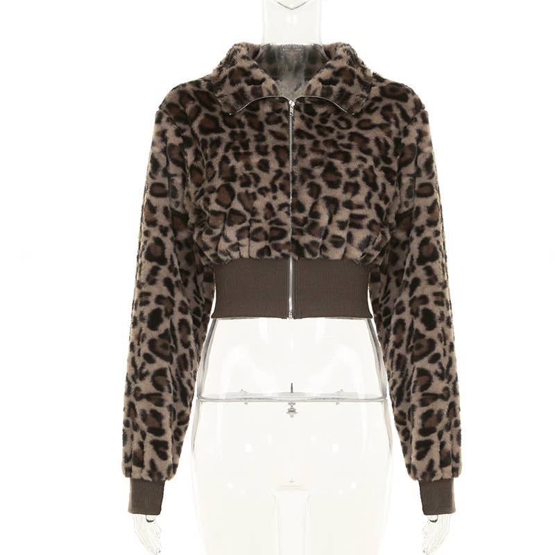 CROPPED WAIST FUR PATCHWORK LEOPARD PRINT JACKET