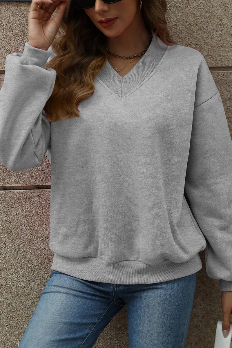CWTBLL4011_SOLID V-NECK FLEECE LINED LOOSE FIT SWEATSHIRT