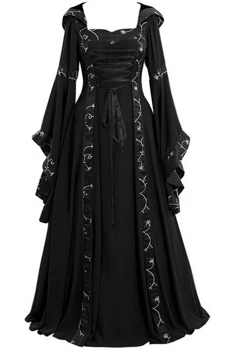 CWDMD01237_VINTAGE HOODED SQUARE NECK RUFFLE FLARE DRESS