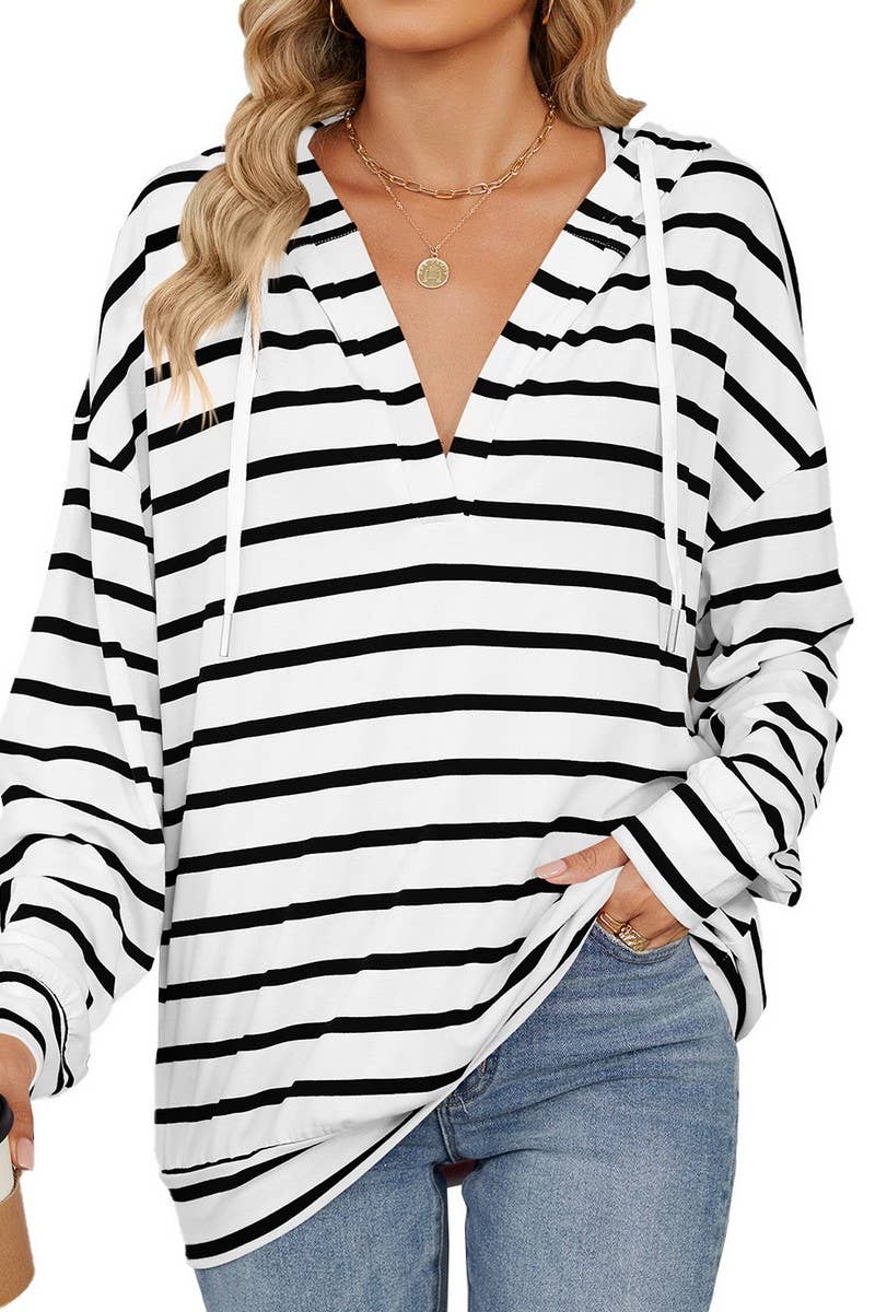 CWOHOL0718_DRAWSTRING HOODED STRIPED LONG SLEEVE SWEATSHIRT