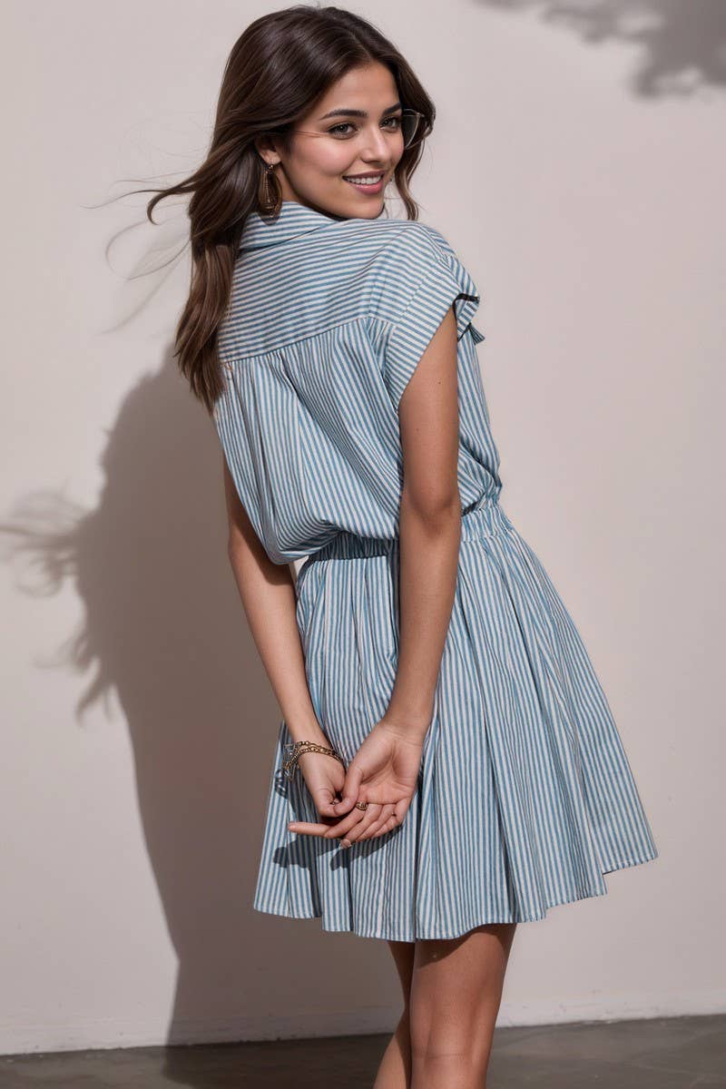 CWTDSS0075_BLUE STRIPED COLLARED FITTED MINI SHIRT DRESS